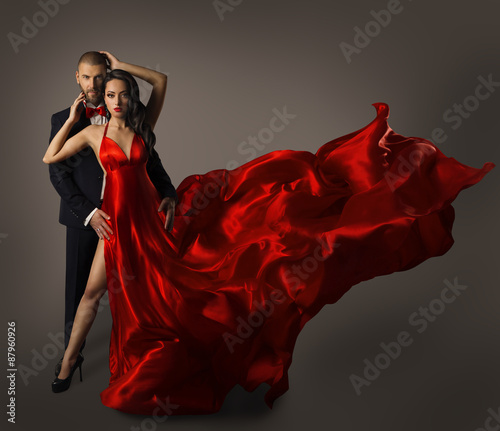 Fashion Couple Portrait, Woman Red Dress, Man in Suit, Long Cloth