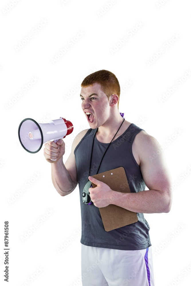 Angry personal trainer yelling through megaphone Stock Photo | Adobe Stock