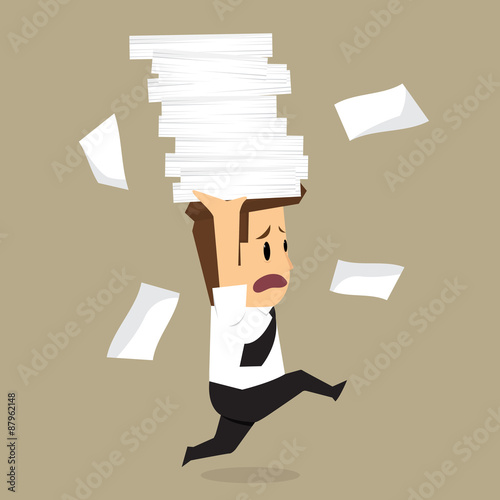 Businessman run holding a lot of documents in his hands