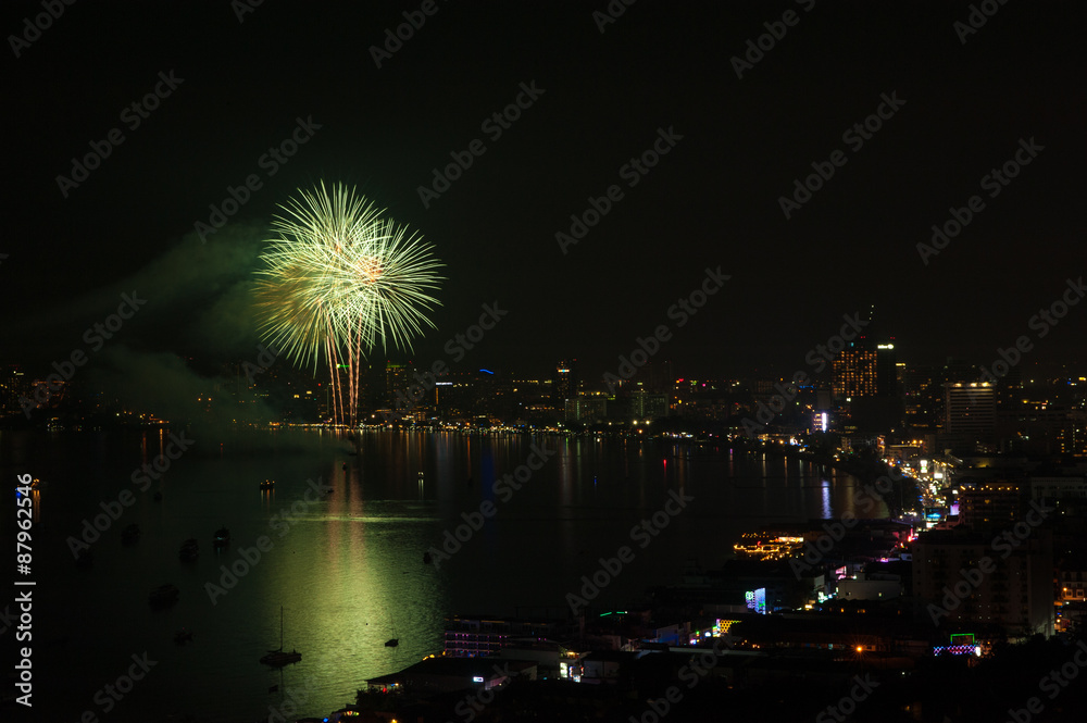 Night view and fireworks at Pattaya city, Thailand Night view and fireworks at Pattaya city, Thailand