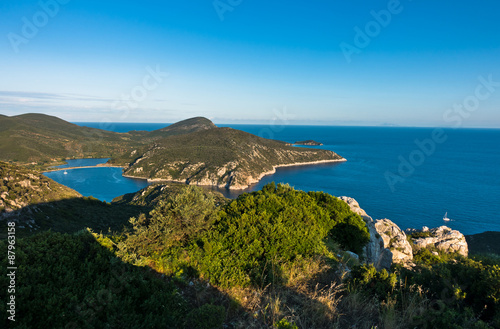 Porto Koufo harbor with a few sailboats, west coast of Sithonia