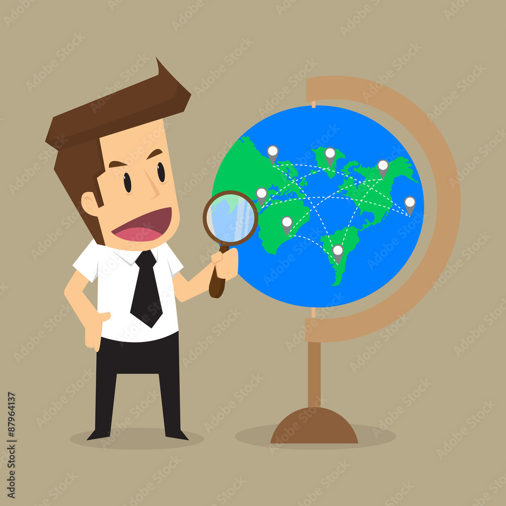 Business men use a magnifying glass, find new investment all ove Business men use a magnifying glass, find new investment all ove