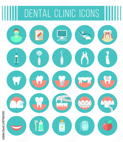 Set of modern flat vector conceptual icons of dental clinic services, stomatology, dentistry, orthodontics, oral health care and hygiene, tooth restoration, dental instruments and tools