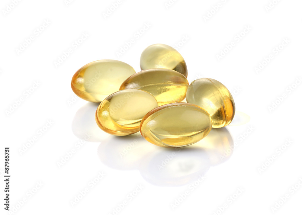 Cod liver oil omega 3 gel capsules isolated on white background Cod liver oil omega 3 gel capsules isolated on white background