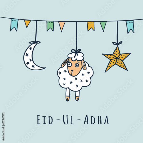 Eid-ul-adha greeting card with sheep, moon, star, vector