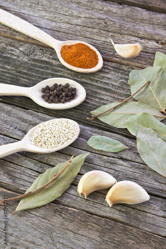 Fototapeta Naklejka Na Ścianę i Meble -  Various spices on wooden background