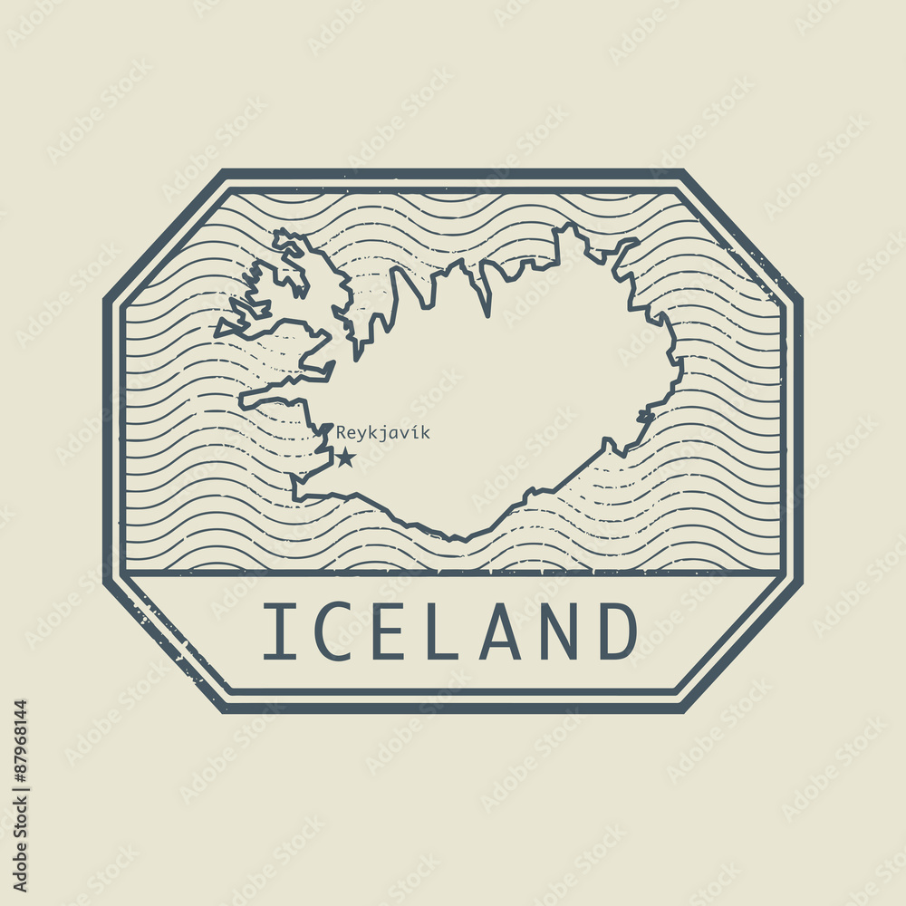 Stamp with the name and map of Iceland