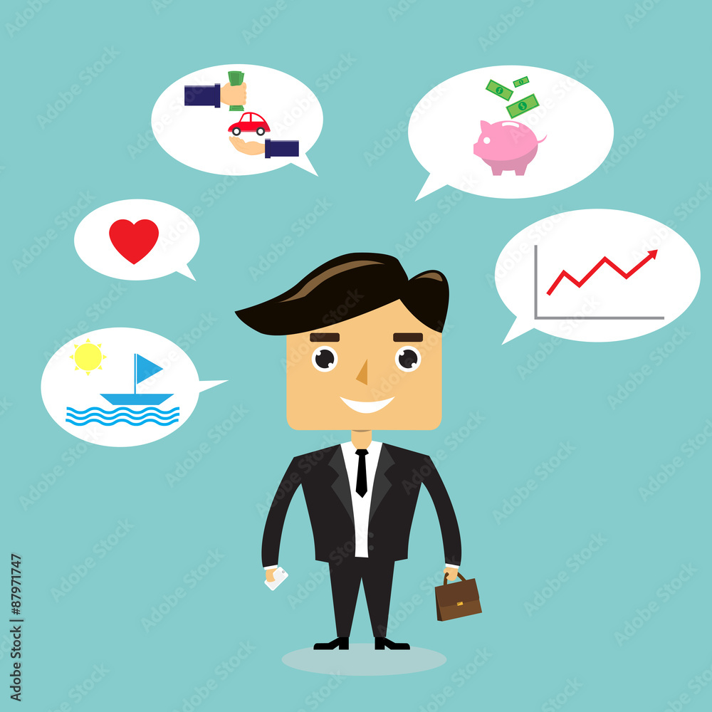 businessman and thinking / travel / love / shopping / work / save money / vector businessman and thinking / travel / love / shopping / work / save money / vector