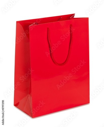 Red paper shopping bag isolated with clipping path
