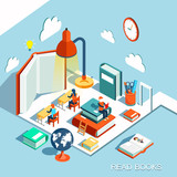 The concept of learning, read books in the library, isometric flat design vector