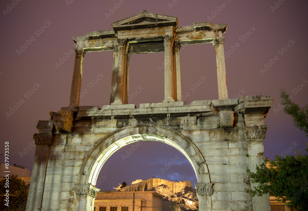 Arch of Hadrian at night, Athens, Greece