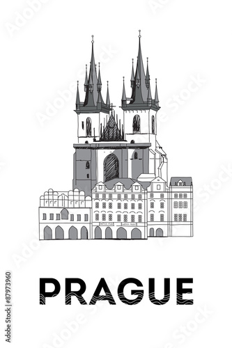 The sketch of Old town square with Tyn cathedral church in Prague