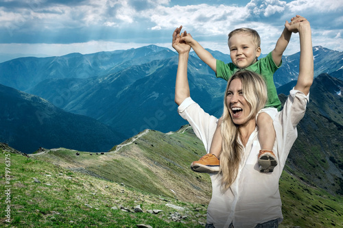 Happiness Mother and son on the Beautiful view of the mountains