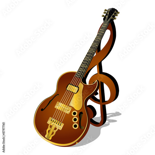 vector illustration of a jazz guitar with a treble clef and shadow isolated object pattern poster or billboard