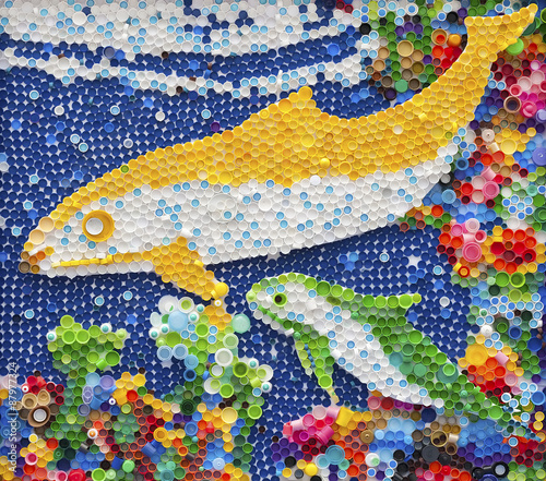 Dolphin mosaic made by plastic caps