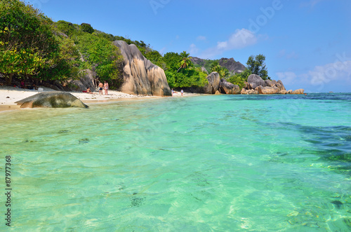 Granite rocky beaches on Seychelles islands, La Digue, Source D'