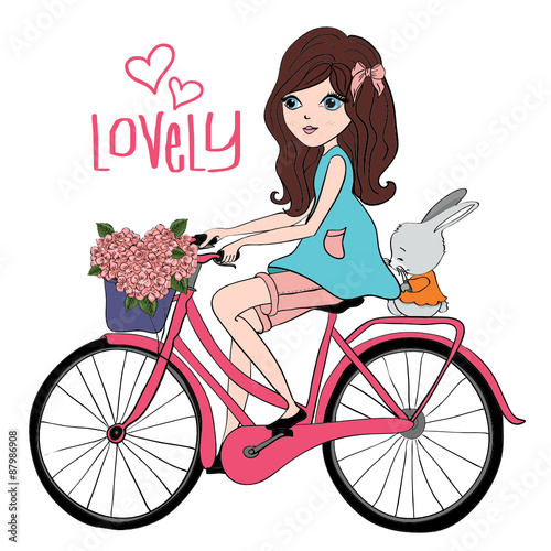 girl with bike/girl on bike/Illustration of a happy girl riding a bike on a white background/Enamored girl on bicycle with rabbit and hearts/T-shirt Graphics/illustration romantic girl