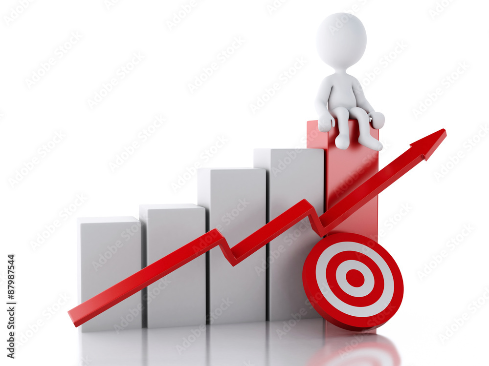 3d White people with business statistic graph and red target. 3d White people with business statistic graph and red target.