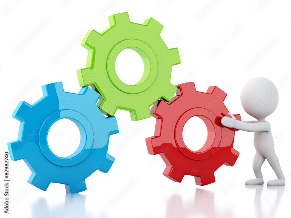 3d White business people and gear mechanism 3d White business people and gear mechanism