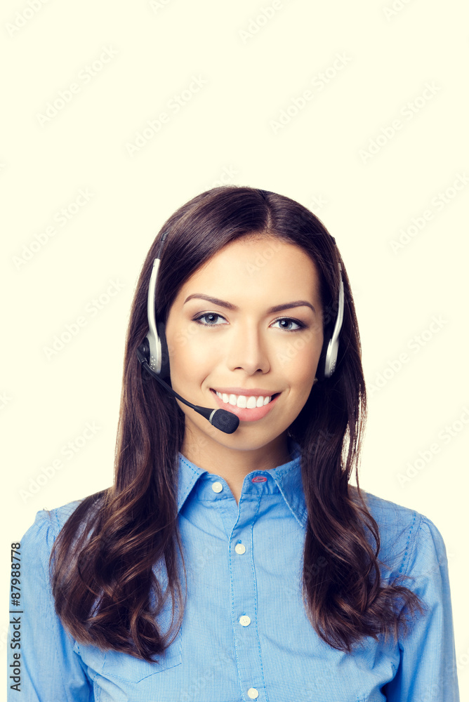 Cheerful customer support phone operator, with copyspace Cheerful customer support phone operator, with copyspace