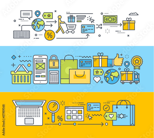 Set of thin line flat design concepts for online shopping, m-commerce, e-commerce. Vector illustrations for web banners and promotional materials.