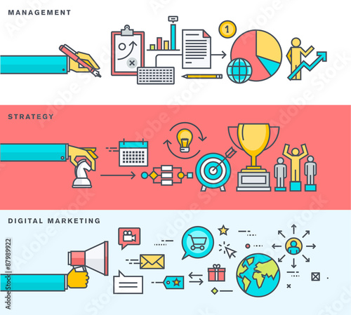 Set of thin line flat design banners for business, management, strategy, digital marketing, online advertising. Vector illustrations for web banners and promotional materials.