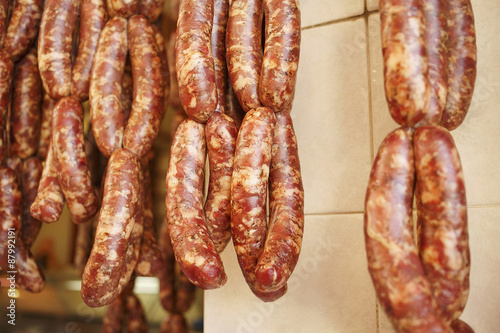 Homemade sausages/Sausages, hanging in butcher shop for sale. Homemade food.