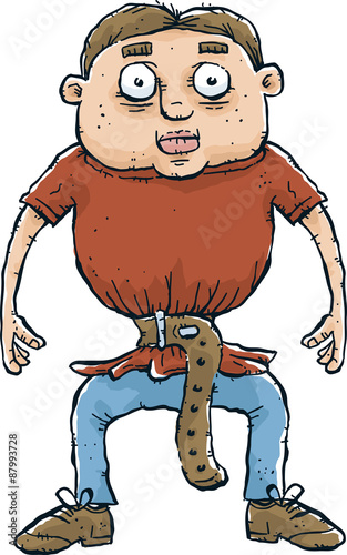 A cartoon man with a belt tightened around his empty belly pulled in extremely tight.
