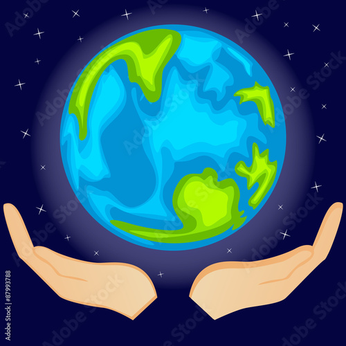 Glowing globe in human hands with stars on the background.