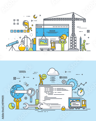 Set of thin line flat design concepts of website design and development. Vector illustrations for web banners and promotional materials.