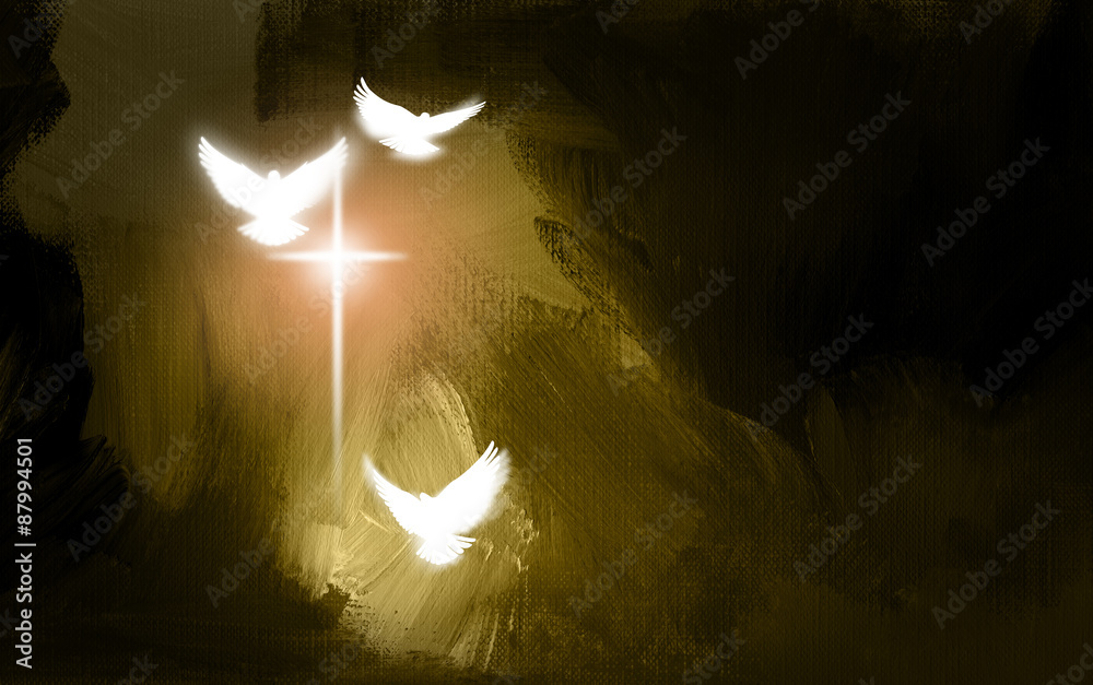 Naklejka premium Spiritual Doves and Salvation Cross / Art symbolic of the salvation of Jesus Christ. Use as background or feature illustration.