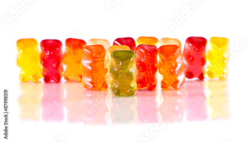 colorful jelly bears on white background