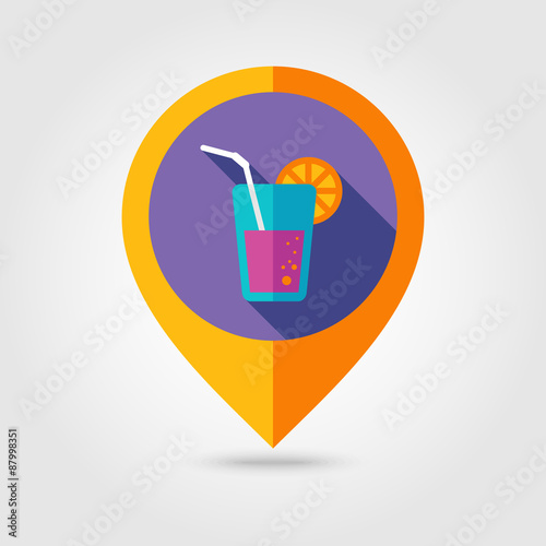 Cocktail flat mapping pin icon with long shadow