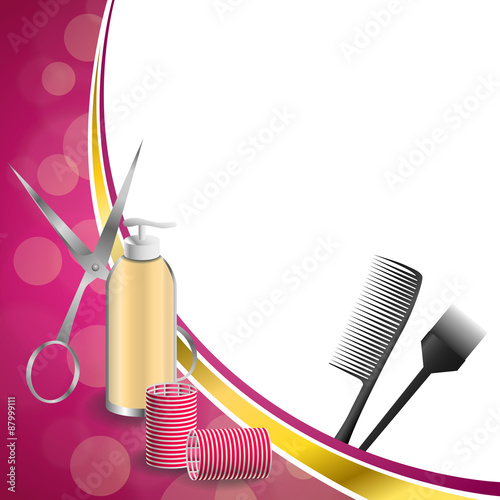 Background abstract pink hairdressing barber tools red curler scissors brush gold ribbon frame illustration vector