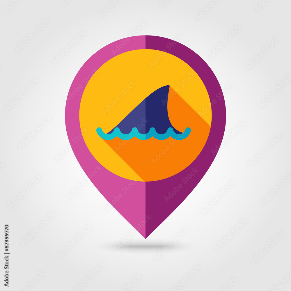 Naklejka premium Shark fin flat mapping pin icon with long shadow