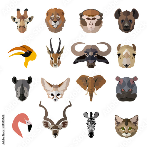 Set of african animals faces isolated icons. Flat style design.