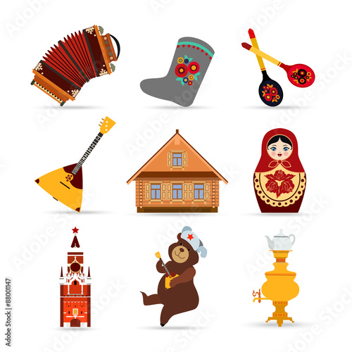 Set of Russia travel colorful isolated flat icons, Russian