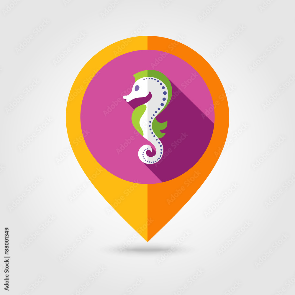 Fototapeta premium Sea Horse flat mapping pin icon with long shadow