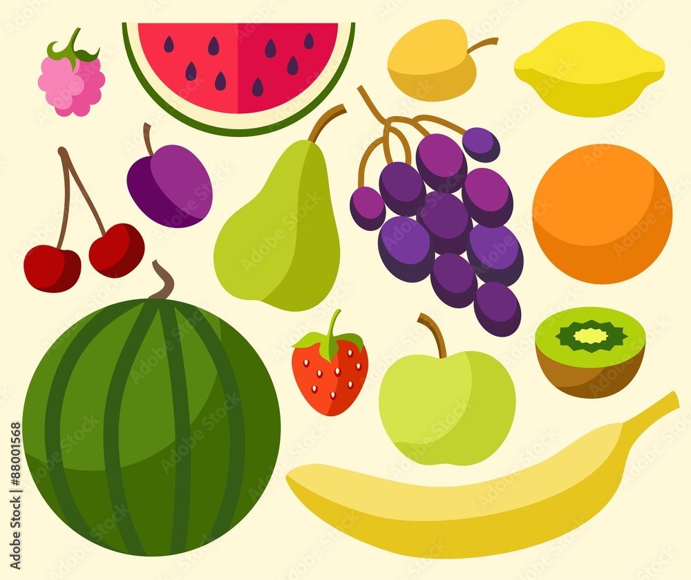Fruits, berries, ripe, colored, flat. Fruits, berries, ripe, colored, flat.