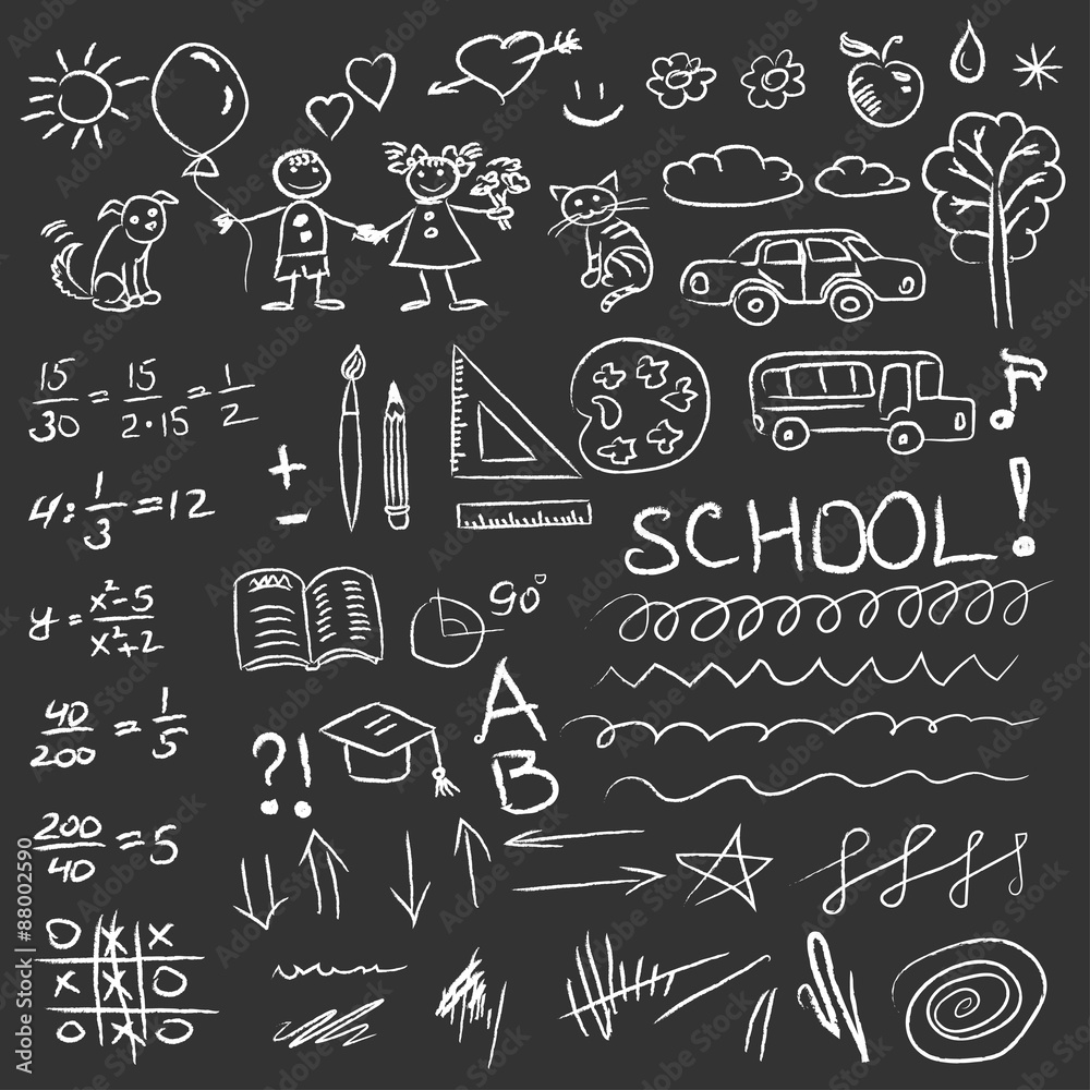 Back to school doodles set on blackboard. Vector illustration. Back to school doodles set on blackboard. Vector illustration.