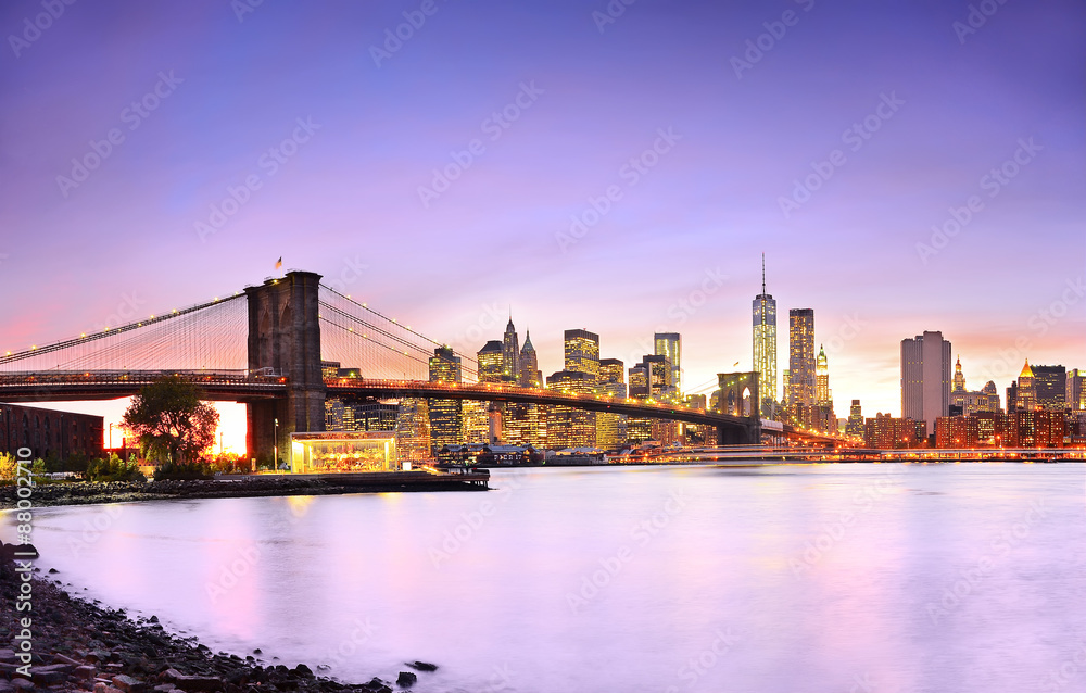 View of New York City at dusk.