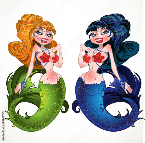 Brunette and Blond mermaids with blue and green scales