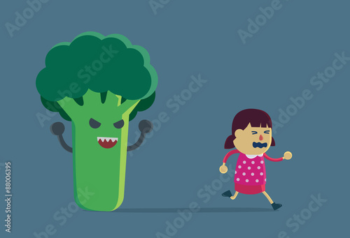 Little girl run away from broccoli because he look carrot like scary devil. This Illustration about eating vegetable of children