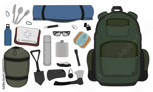 Camping set: carabiner, knife, spoon, fork, mat, backpack, canned food, flashlight, ax, compass, pocket knife, flask, sunglasses, bracelet, first aid, shovel, sleeping bag, bottle. No outlines
