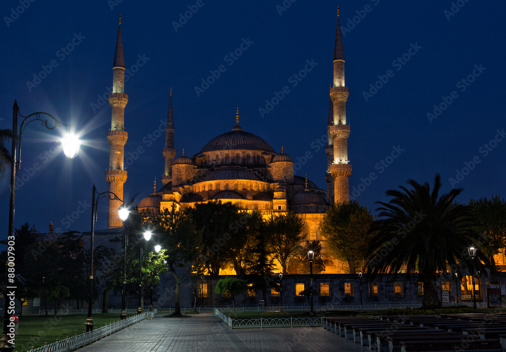 Blue mosque (Sultan Ahmed Mosque) in Istanbul at night, Turkey