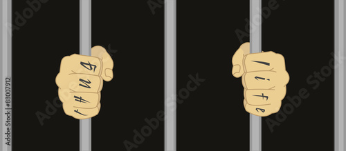 Hands with tattoo holding prison bars 