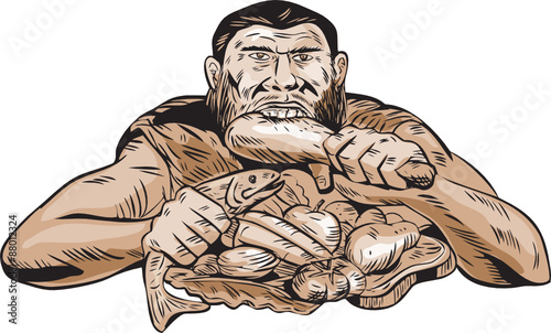 Neanderthal Man Eating Paleo Diet Etching