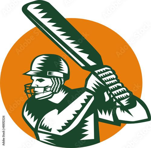 Cricket Player Batsman Batting Circle Woodcut