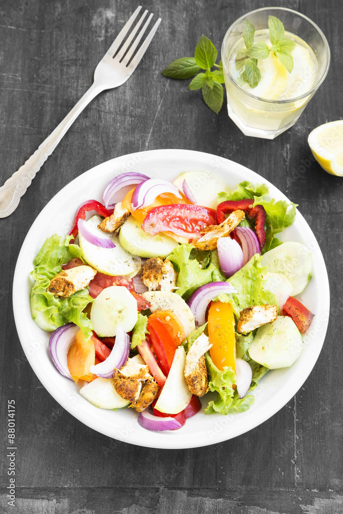 Fresh Salad Meal with Grilled Chicken, Tomatoes,Red Onion, Lettu