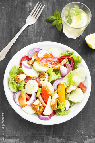 Fresh Salad Meal with Grilled Chicken, Tomatoes,Red Onion, Lettu